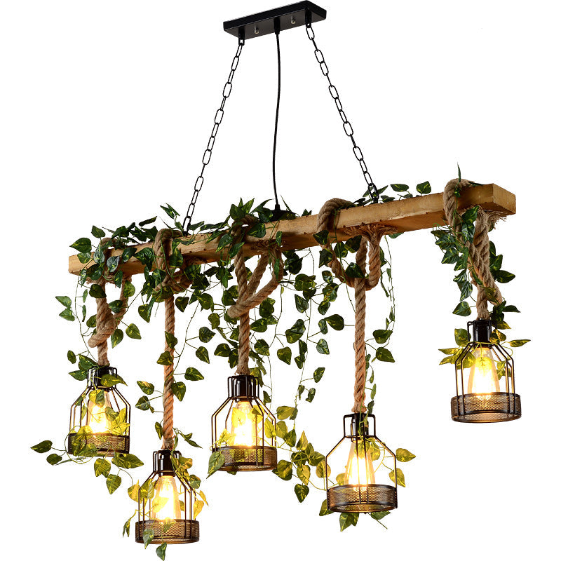 Traditional Rustic Cage Iron Rope Solid Wood 3/5 Light Chandelier Island Light For Dining Room