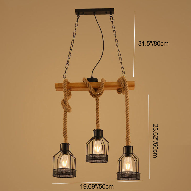 Traditional Rustic Cage Iron Rope Solid Wood 3/5 Light Chandelier Island Light For Dining Room