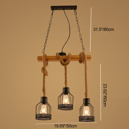 Traditional Rustic Cage Iron Rope Solid Wood 3/5 Light Chandelier Island Light For Dining Room