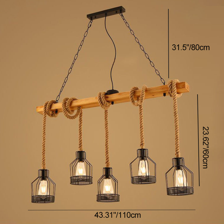 Traditional Rustic Cage Iron Rope Solid Wood 3/5 Light Chandelier Island Light For Dining Room