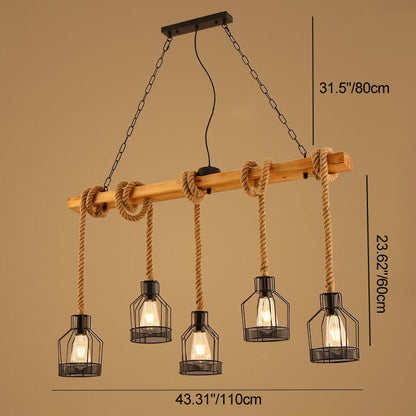 Traditional Rustic Cage Iron Rope Solid Wood 3/5 Light Chandelier Island Light For Dining Room