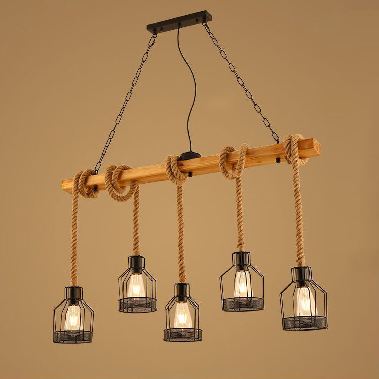 Traditional Rustic Cage Iron Rope Solid Wood 3/5 Light Chandelier Island Light For Dining Room