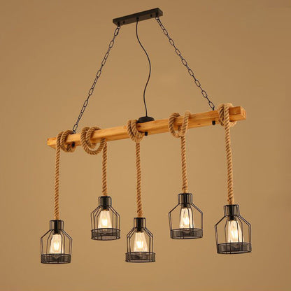 Traditional Rustic Cage Iron Rope Solid Wood 3/5 Light Chandelier Island Light For Dining Room
