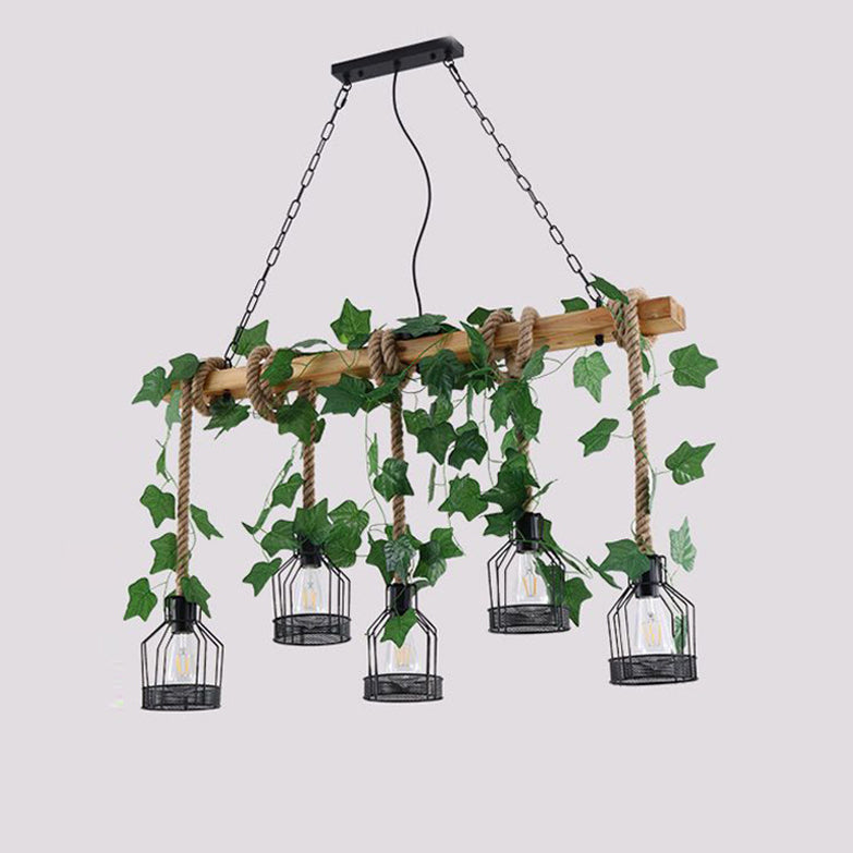 Traditional Rustic Cage Iron Rope Solid Wood 3/5 Light Chandelier Island Light For Dining Room