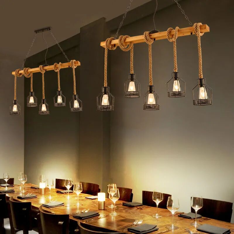 Traditional Rustic Cage Iron Rope Solid Wood 3/5 Light Chandelier Island Light For Dining Room