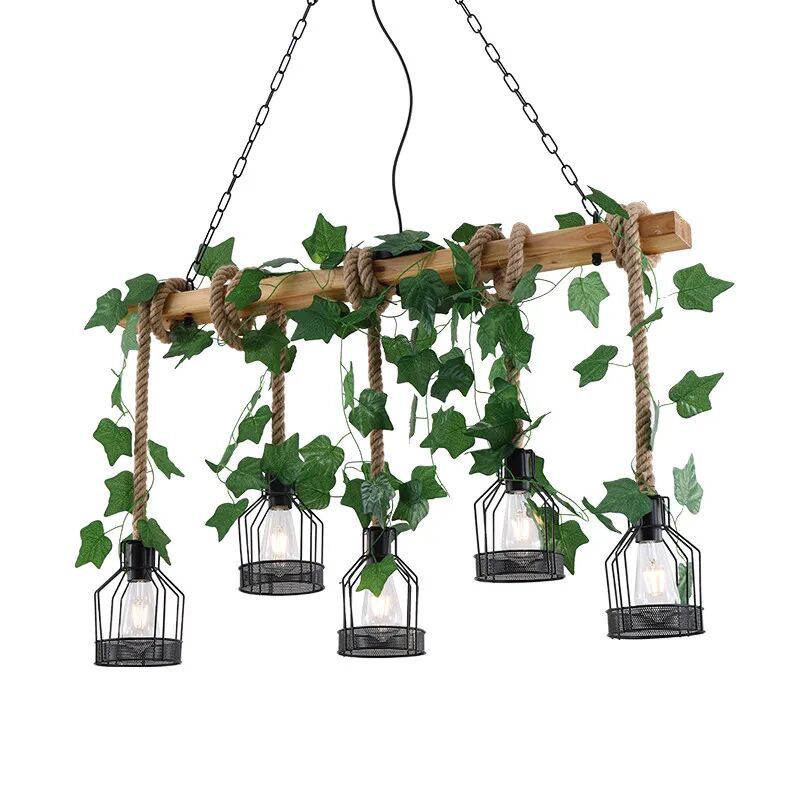 Traditional Rustic Cage Iron Rope Solid Wood 3/5 Light Chandelier Island Light For Dining Room