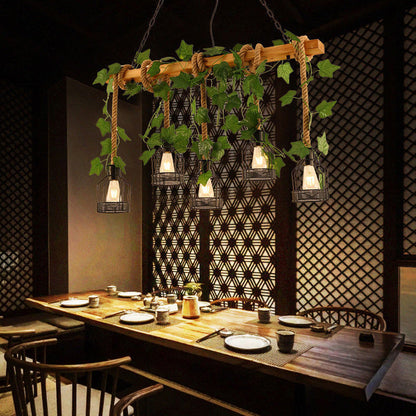 Traditional Rustic Cage Iron Rope Solid Wood 3/5 Light Chandelier Island Light For Dining Room