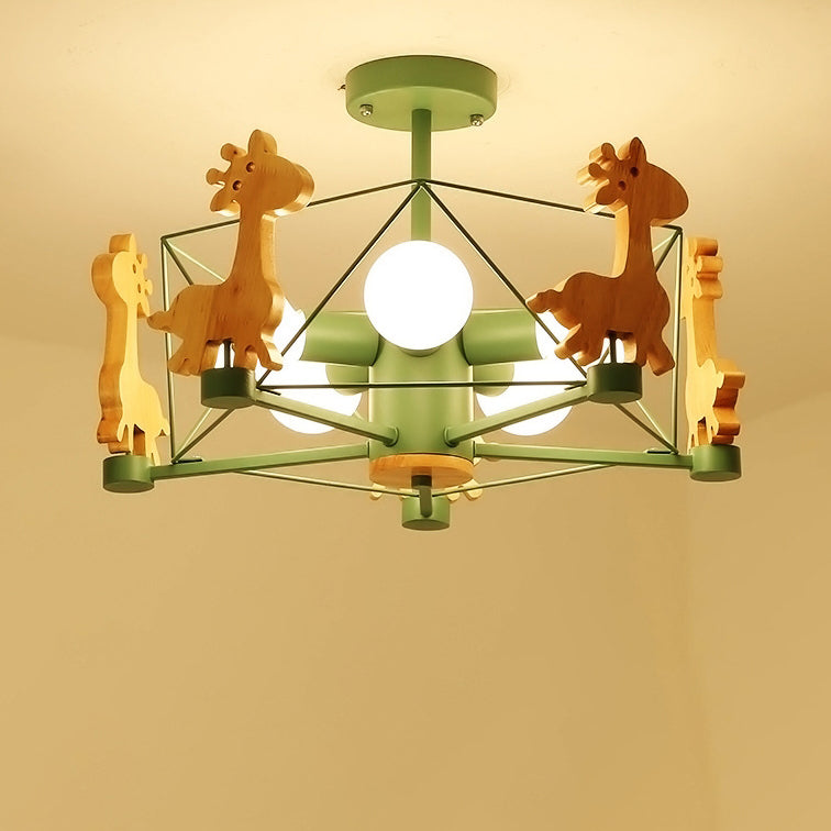 Contemporary Creative Kids Pinwheel Metal Wood 5-Light Semi-Flush Mount Ceiling Light For Bedroom