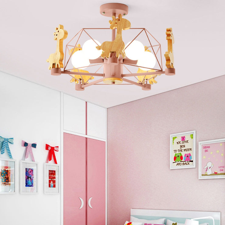 Contemporary Creative Kids Pinwheel Metal Wood 5-Light Semi-Flush Mount Ceiling Light For Bedroom
