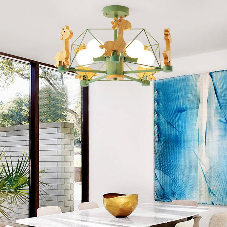 Contemporary Creative Kids Pinwheel Metal Wood 5-Light Semi-Flush Mount Ceiling Light For Bedroom