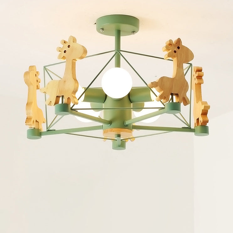 Contemporary Creative Kids Pinwheel Metal Wood 5-Light Semi-Flush Mount Ceiling Light For Bedroom