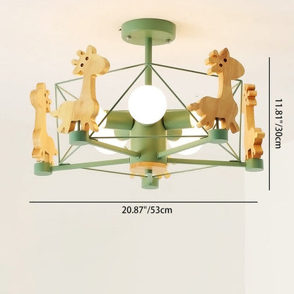 Contemporary Creative Kids Pinwheel Metal Wood 5-Light Semi-Flush Mount Ceiling Light For Bedroom