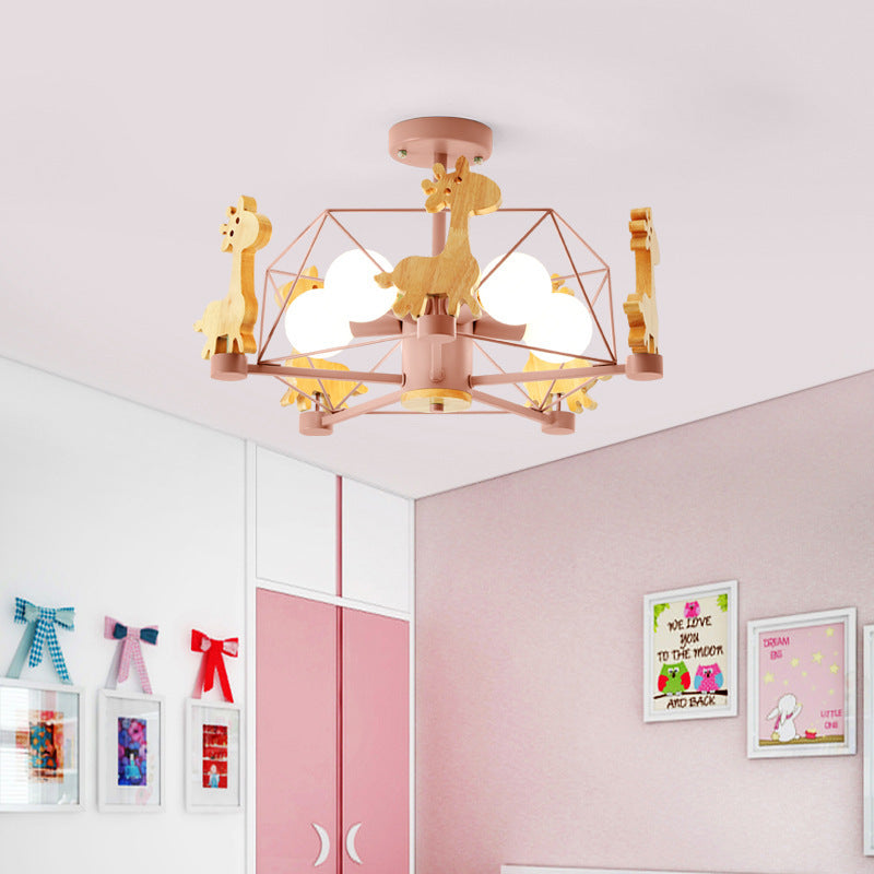 Contemporary Creative Kids Pinwheel Metal Wood 5-Light Semi-Flush Mount Ceiling Light For Bedroom