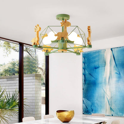 Contemporary Creative Kids Pinwheel Metal Wood 5-Light Semi-Flush Mount Ceiling Light For Bedroom