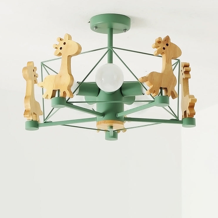 Contemporary Creative Kids Pinwheel Metal Wood 5-Light Semi-Flush Mount Ceiling Light For Bedroom