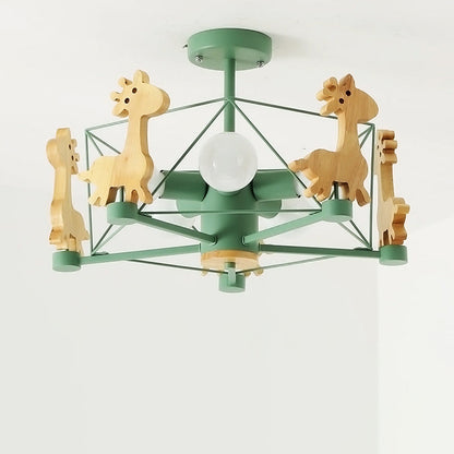 Contemporary Creative Kids Pinwheel Metal Wood 5-Light Semi-Flush Mount Ceiling Light For Bedroom
