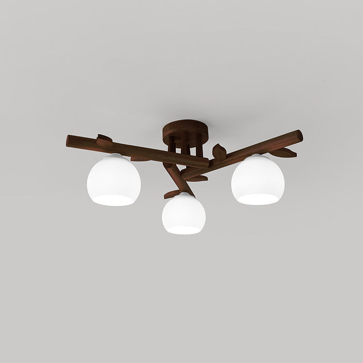 Traditional Japanese Dome Iron Oak Wood 3/5/8 Light Semi-Flush Mount Ceiling Light For Living Room