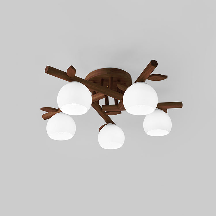 Traditional Japanese Dome Iron Oak Wood 3/5/8 Light Semi-Flush Mount Ceiling Light For Living Room