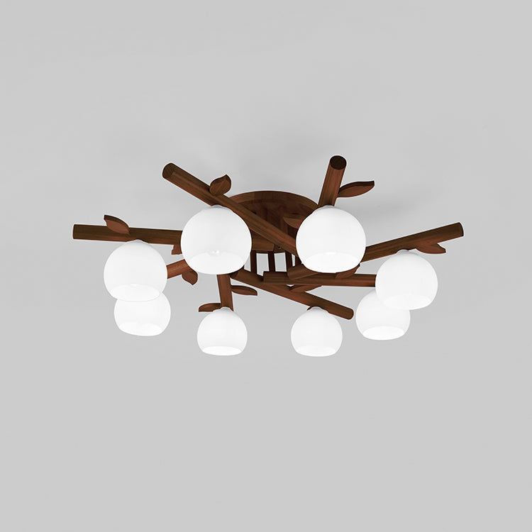 Traditional Japanese Dome Iron Oak Wood 3/5/8 Light Semi-Flush Mount Ceiling Light For Living Room