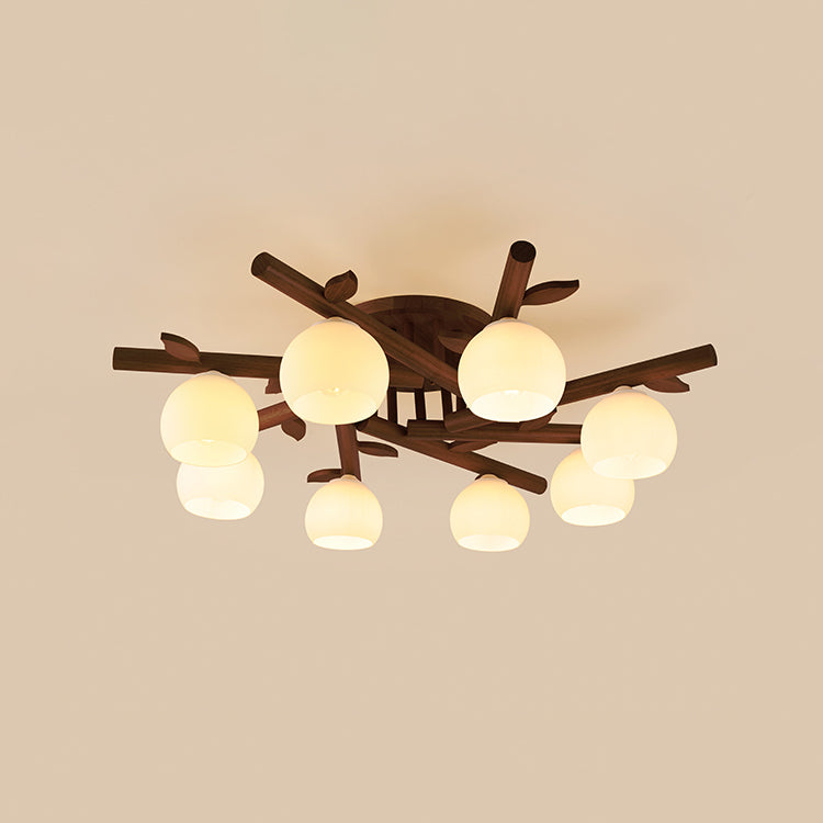 Traditional Japanese Dome Iron Oak Wood 3/5/8 Light Semi-Flush Mount Ceiling Light For Living Room