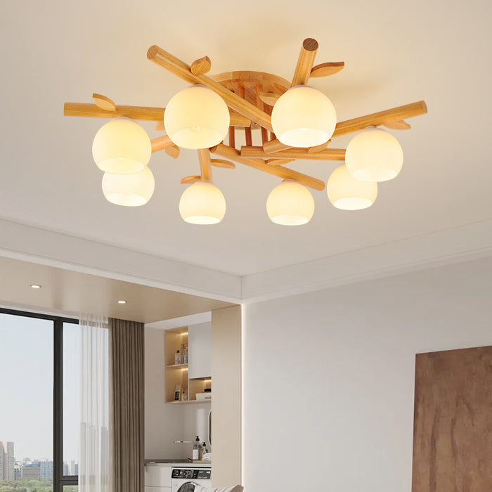 Traditional Japanese Dome Iron Oak Wood 3/5/8 Light Semi-Flush Mount Ceiling Light For Living Room