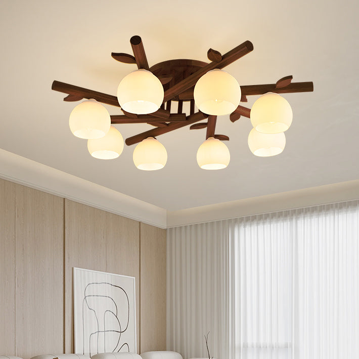 Traditional Japanese Dome Iron Oak Wood 3/5/8 Light Semi-Flush Mount Ceiling Light For Living Room