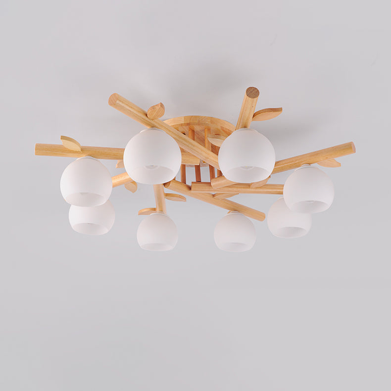 Traditional Japanese Dome Iron Oak Wood 3/5/8 Light Semi-Flush Mount Ceiling Light For Living Room