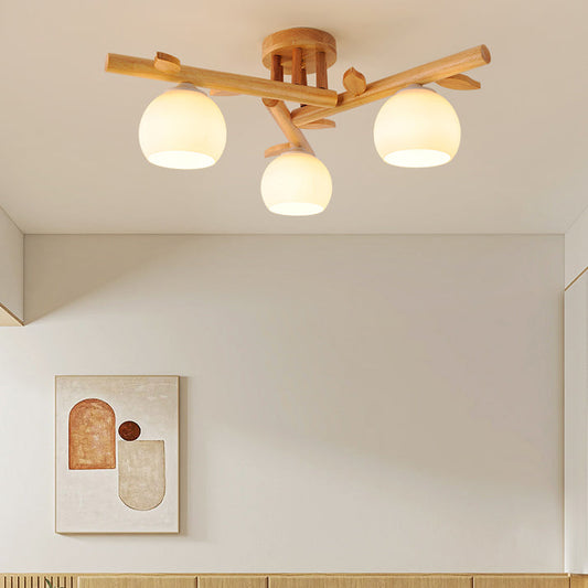 Traditional Japanese Dome Iron Oak Wood 3/5/8 Light Semi-Flush Mount Ceiling Light For Living Room
