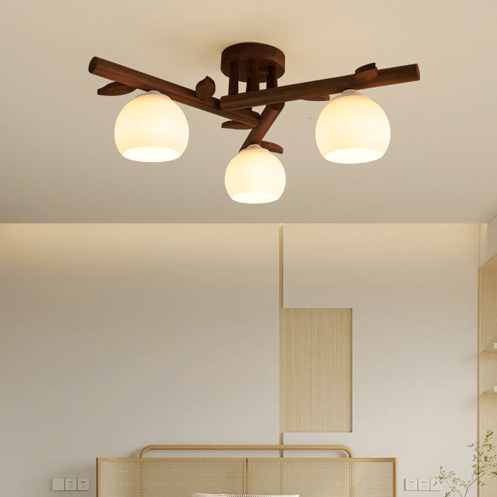 Traditional Japanese Dome Iron Oak Wood 3/5/8 Light Semi-Flush Mount Ceiling Light For Living Room