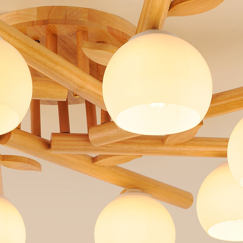 Traditional Japanese Dome Iron Oak Wood 3/5/8 Light Semi-Flush Mount Ceiling Light For Living Room