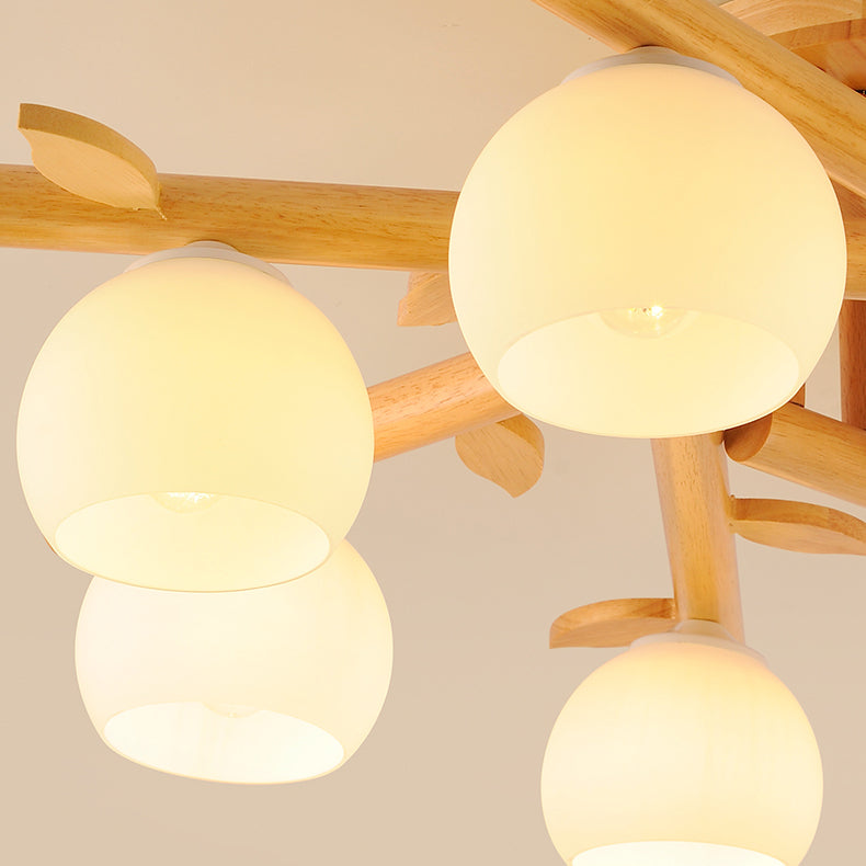 Traditional Japanese Dome Iron Oak Wood 3/5/8 Light Semi-Flush Mount Ceiling Light For Living Room