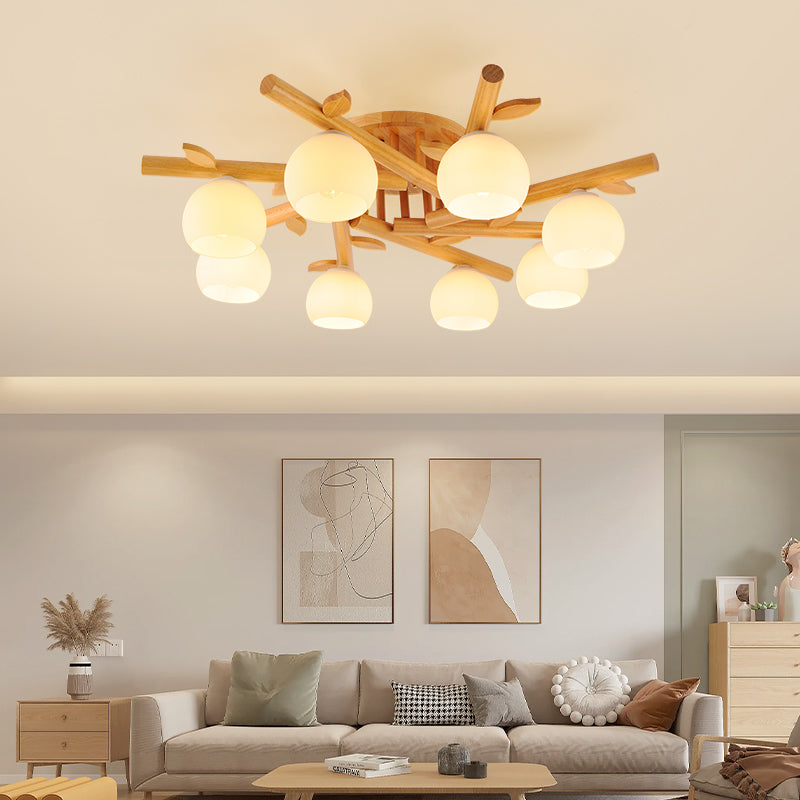 Traditional Japanese Dome Iron Oak Wood 3/5/8 Light Semi-Flush Mount Ceiling Light For Living Room