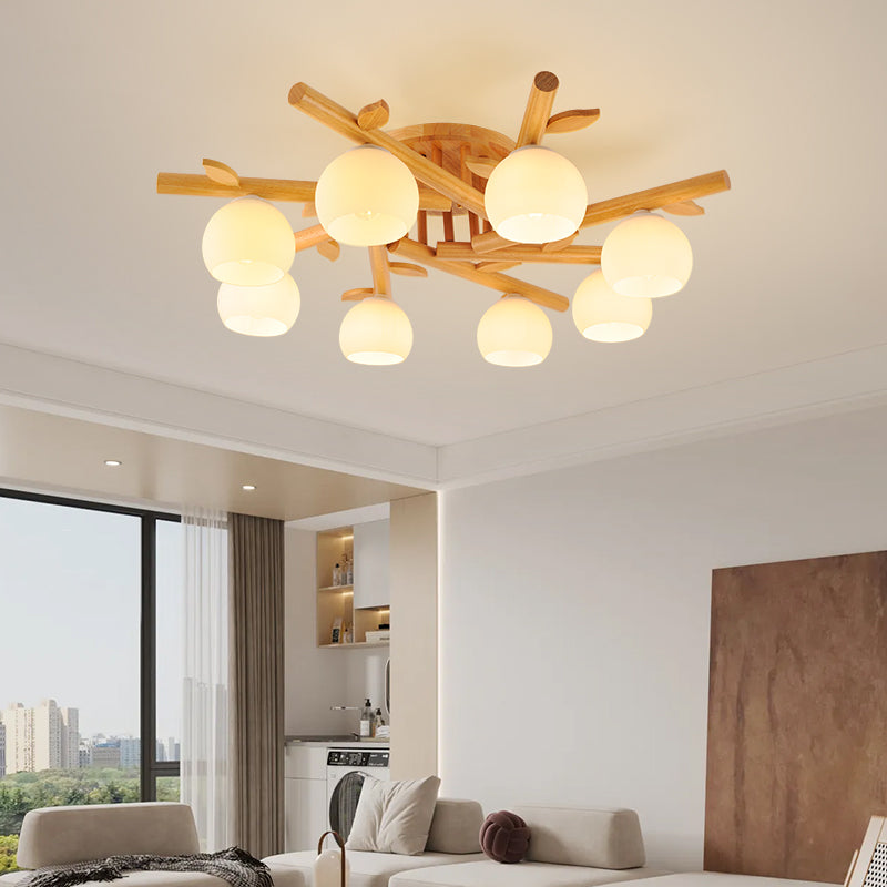 Traditional Japanese Dome Iron Oak Wood 3/5/8 Light Semi-Flush Mount Ceiling Light For Living Room