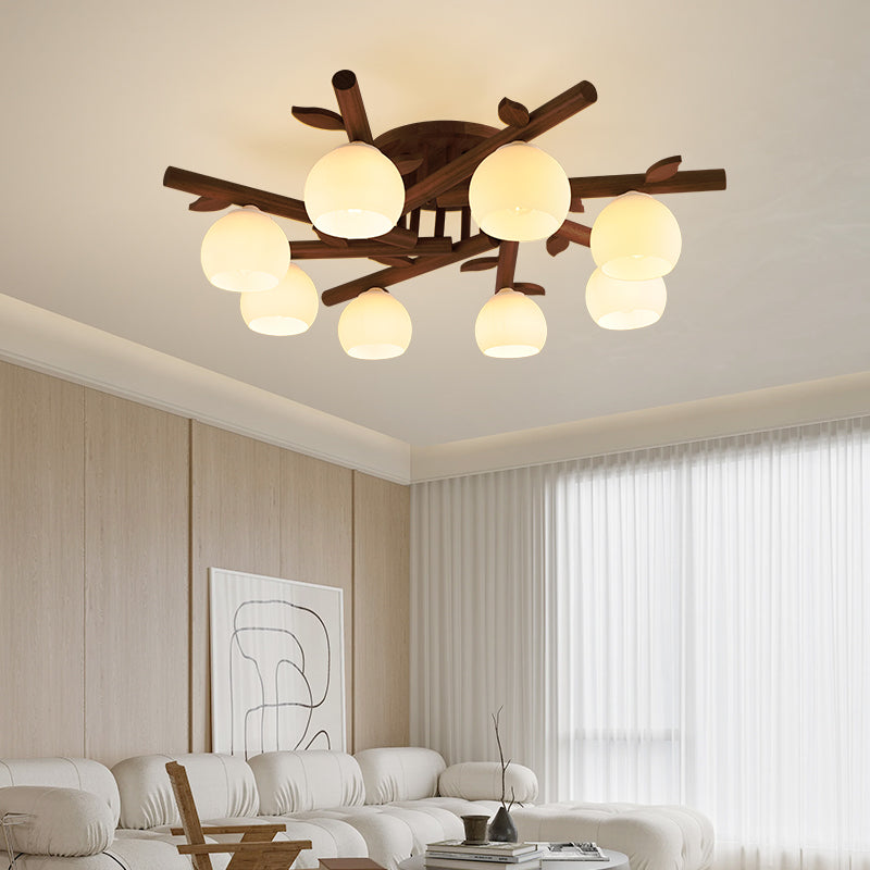 Traditional Japanese Dome Iron Oak Wood 3/5/8 Light Semi-Flush Mount Ceiling Light For Living Room