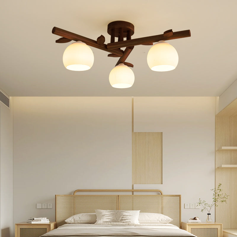 Traditional Japanese Dome Iron Oak Wood 3/5/8 Light Semi-Flush Mount Ceiling Light For Living Room