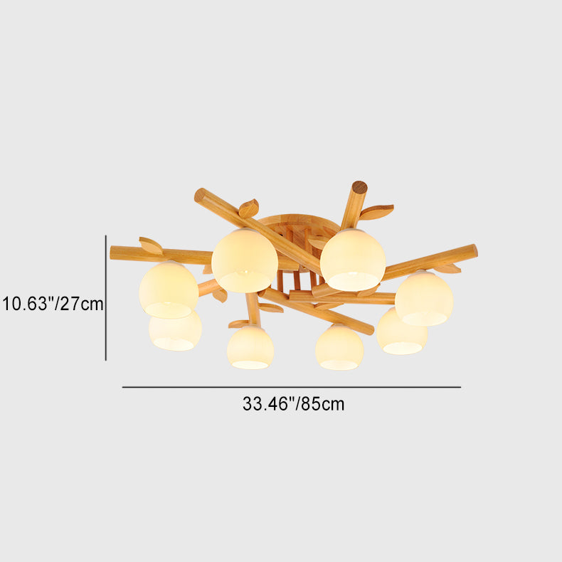 Traditional Japanese Dome Iron Oak Wood 3/5/8 Light Semi-Flush Mount Ceiling Light For Living Room