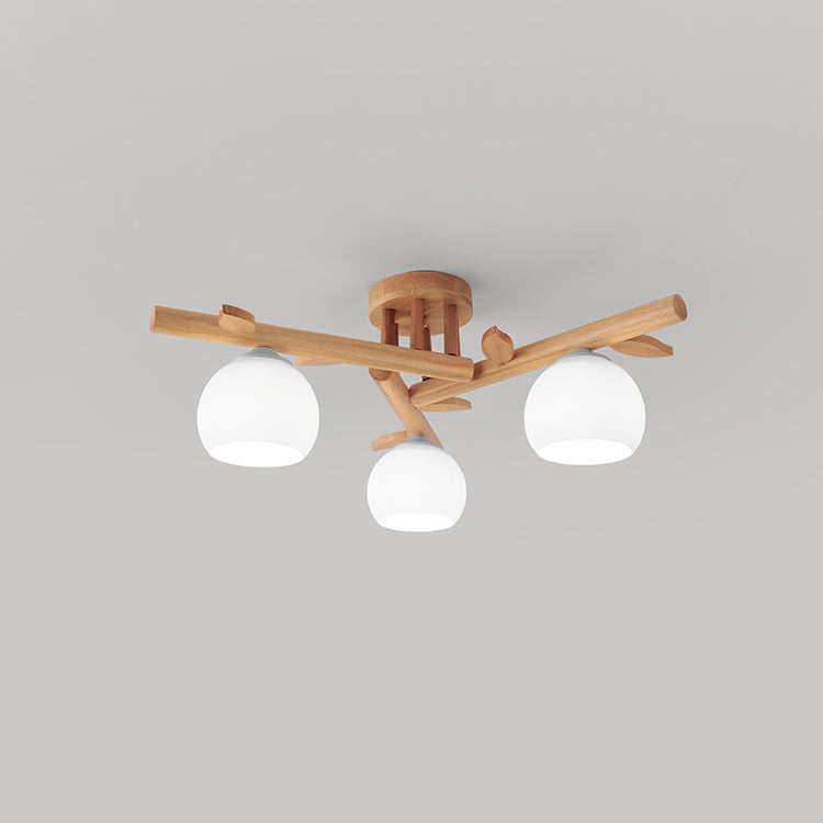 Traditional Japanese Dome Iron Oak Wood 3/5/8 Light Semi-Flush Mount Ceiling Light For Living Room