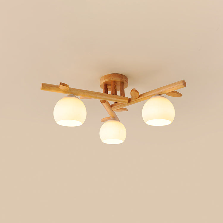 Traditional Japanese Dome Iron Oak Wood 3/5/8 Light Semi-Flush Mount Ceiling Light For Living Room