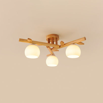 Traditional Japanese Dome Iron Oak Wood 3/5/8 Light Semi-Flush Mount Ceiling Light For Living Room