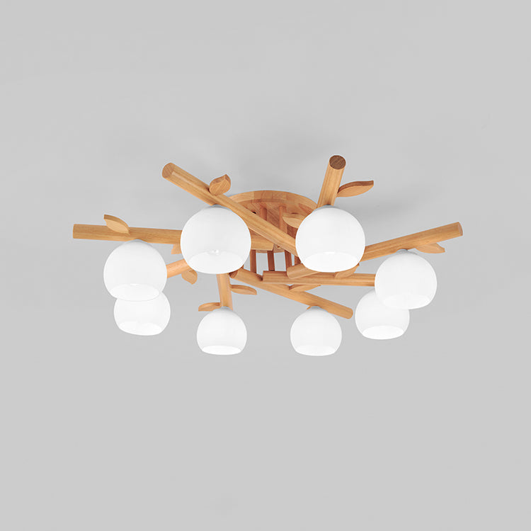 Traditional Japanese Dome Iron Oak Wood 3/5/8 Light Semi-Flush Mount Ceiling Light For Living Room