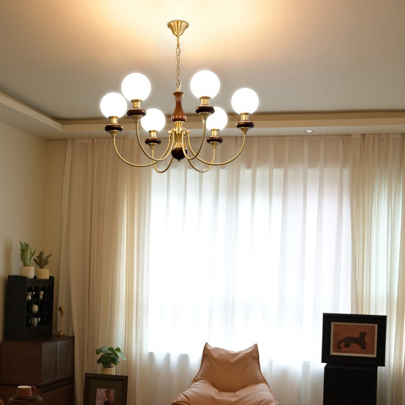 Traditional French Globe Iron Ash Wood Glass 3/6/8 Light Chandelier For Living Room
