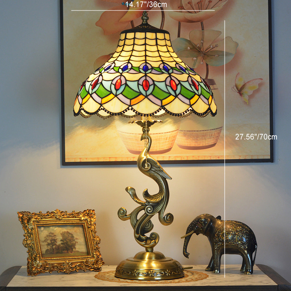 Traditional Tiffany Peacock Dome Copper Glass 1-Light Table Lamp For Bedroom