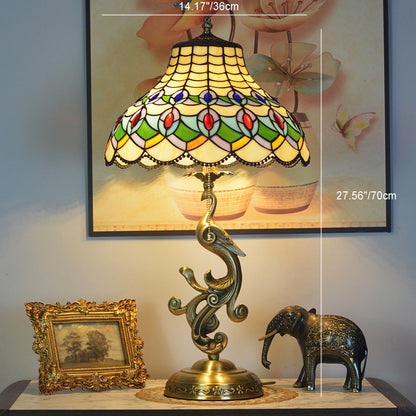 Traditional Tiffany Peacock Dome Copper Glass 1-Light Table Lamp For Bedroom
