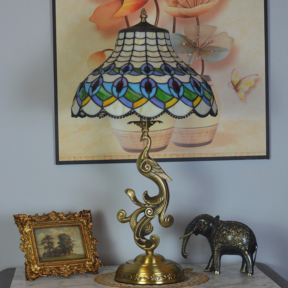Traditional Tiffany Peacock Dome Copper Glass 1-Light Table Lamp For Bedroom