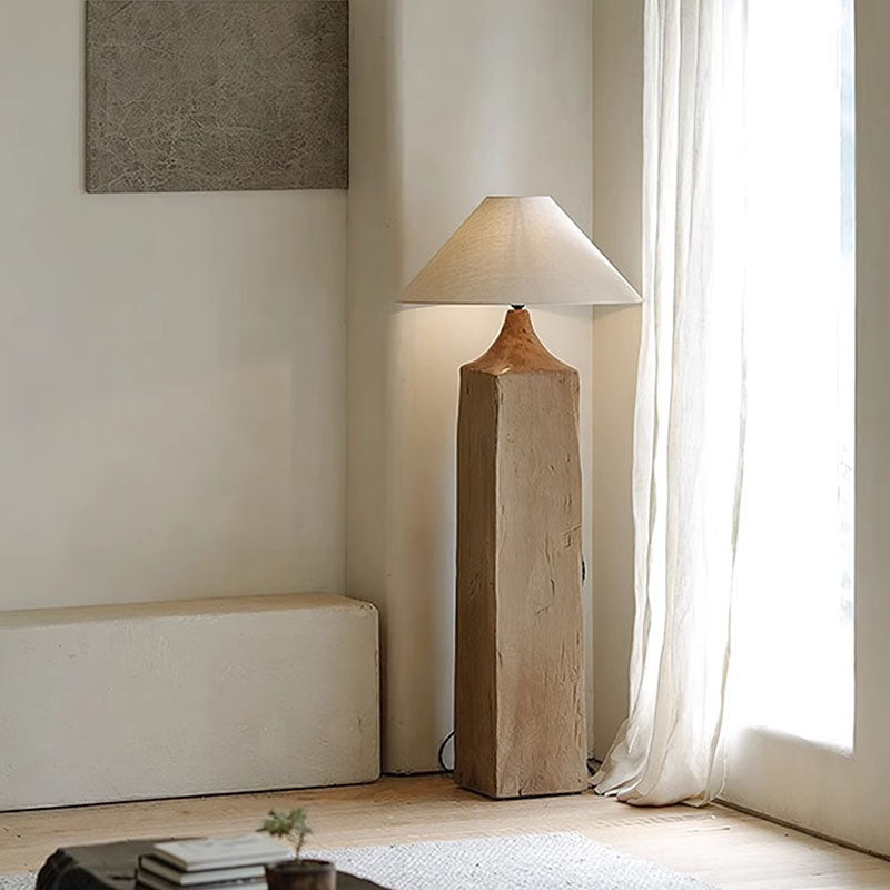 Traditional Japanese Cone Solid Wood Linen 1-Light Standing Floor Lamp For Living Room