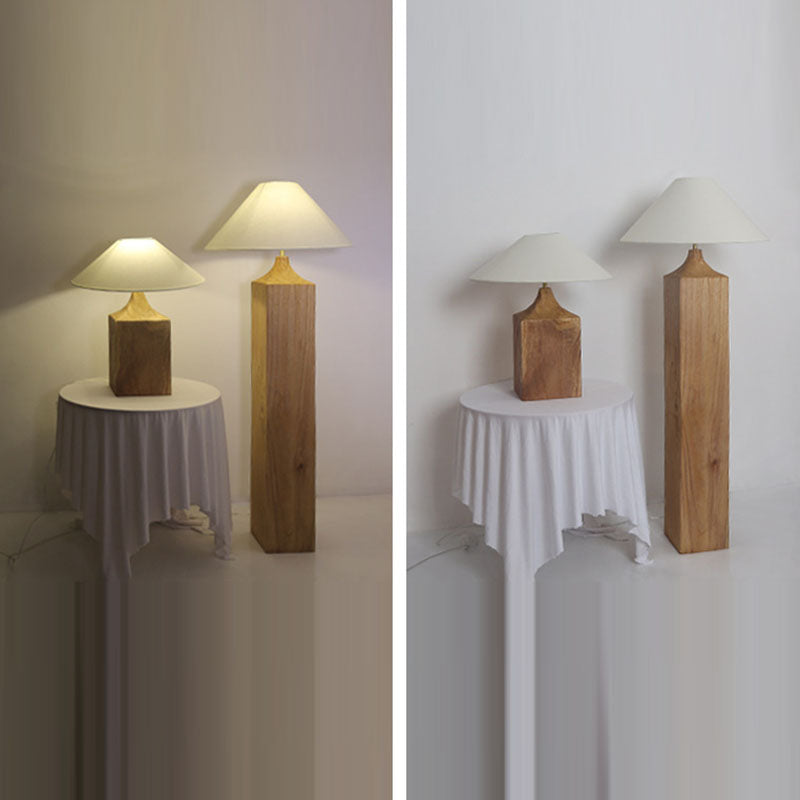 Traditional Japanese Cone Solid Wood Linen 1-Light Standing Floor Lamp For Living Room