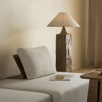Traditional Japanese Cone Solid Wood Linen 1-Light Standing Floor Lamp For Living Room