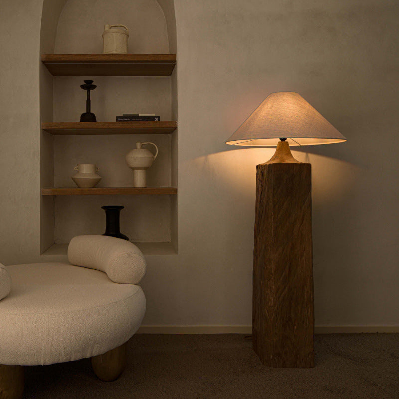 Traditional Japanese Cone Solid Wood Linen 1-Light Standing Floor Lamp For Living Room