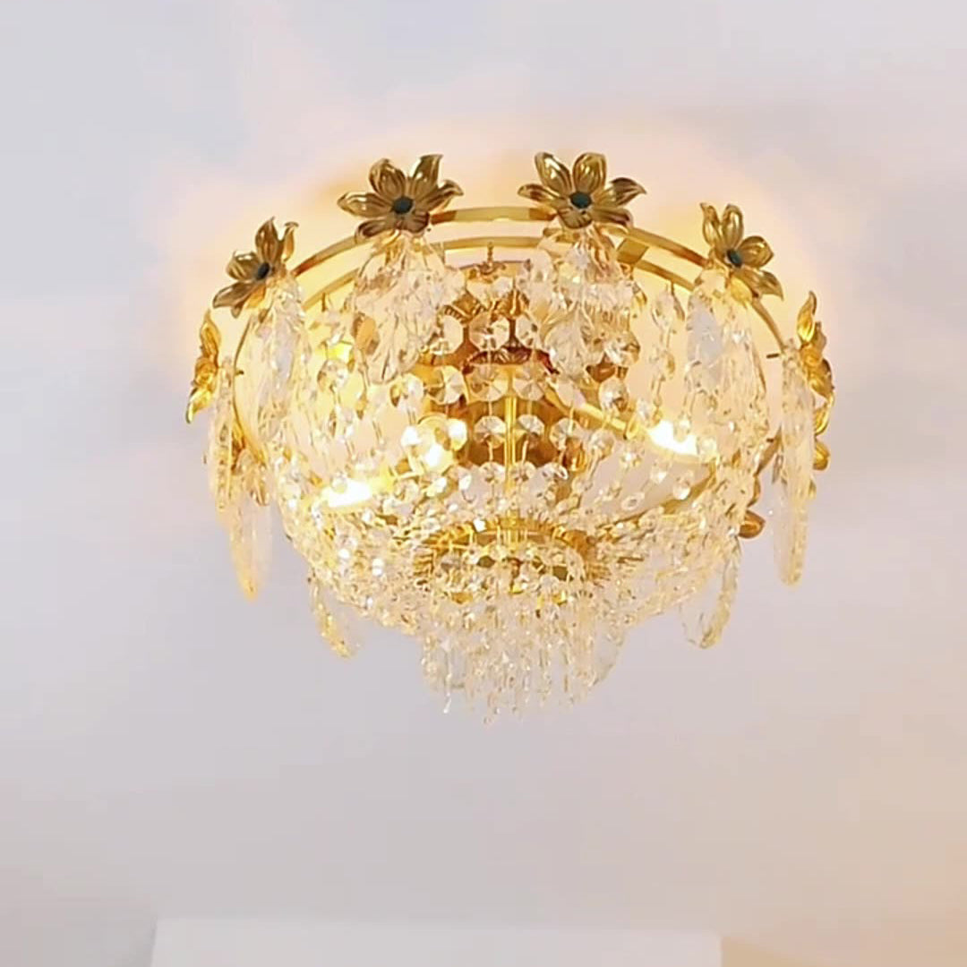 Traditional French Dome Copper Crystal 4-Light Flush Mount Ceiling Light For Living Room