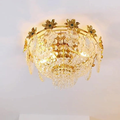 Traditional French Dome Copper Crystal 4-Light Flush Mount Ceiling Light For Living Room